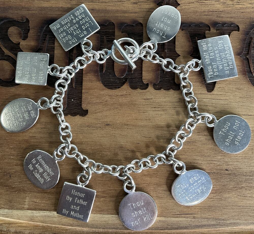 Vintage Sterling Silver Ten Commandments Charm Bracelet Religious 61g